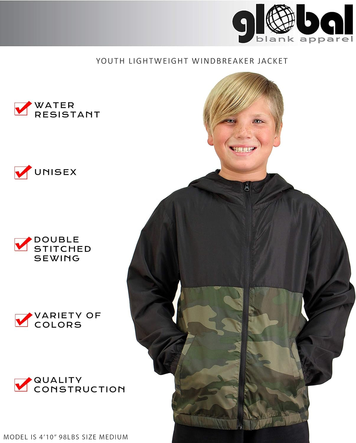 Global Kid'S Hooded Lightweight Windbreaker Rain Jacket Water Resistant Shell (Small, Black/Camo)