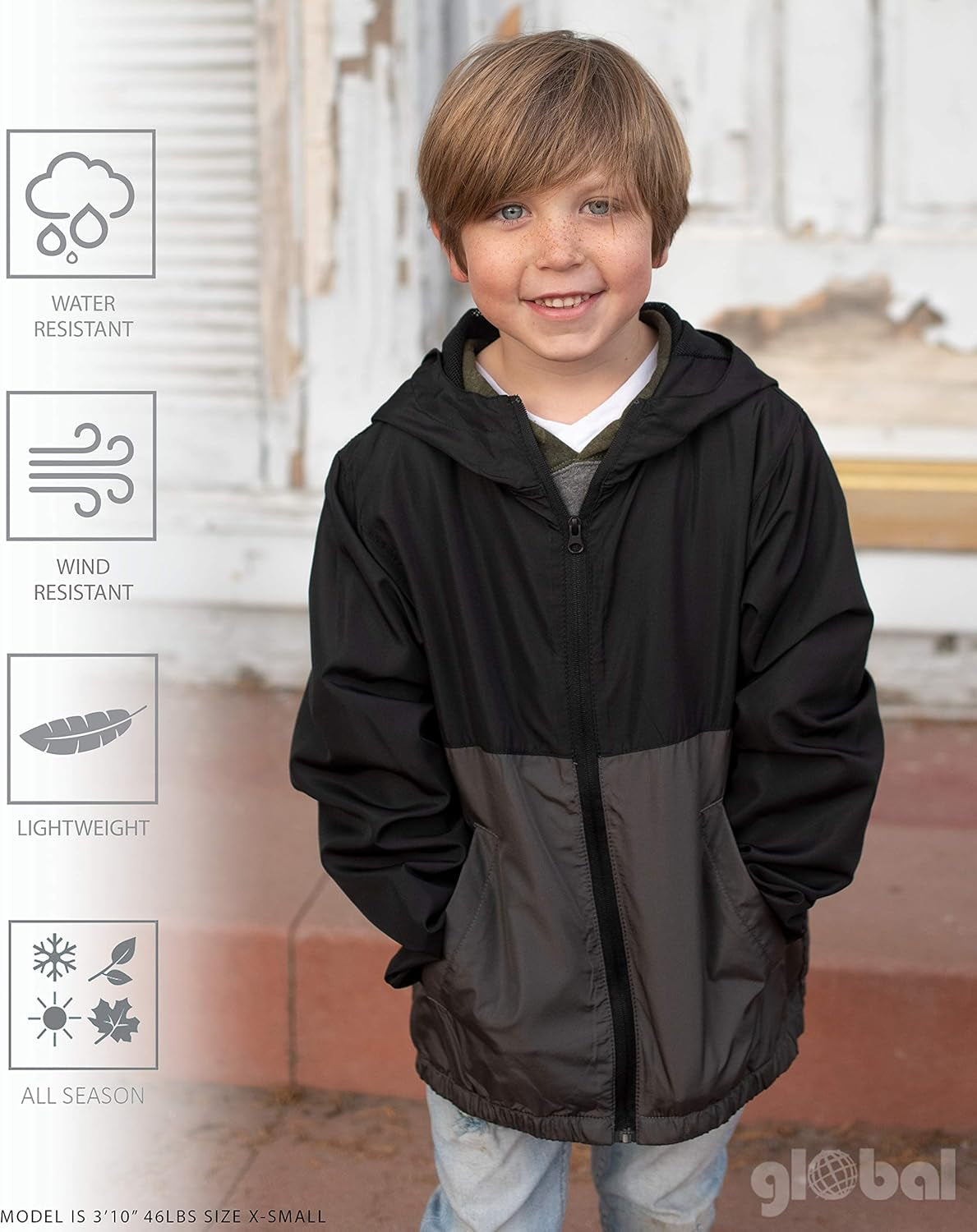 Global Kid'S Hooded Lightweight Windbreaker Rain Jacket Water Resistant Shell (Small, Black/Camo)