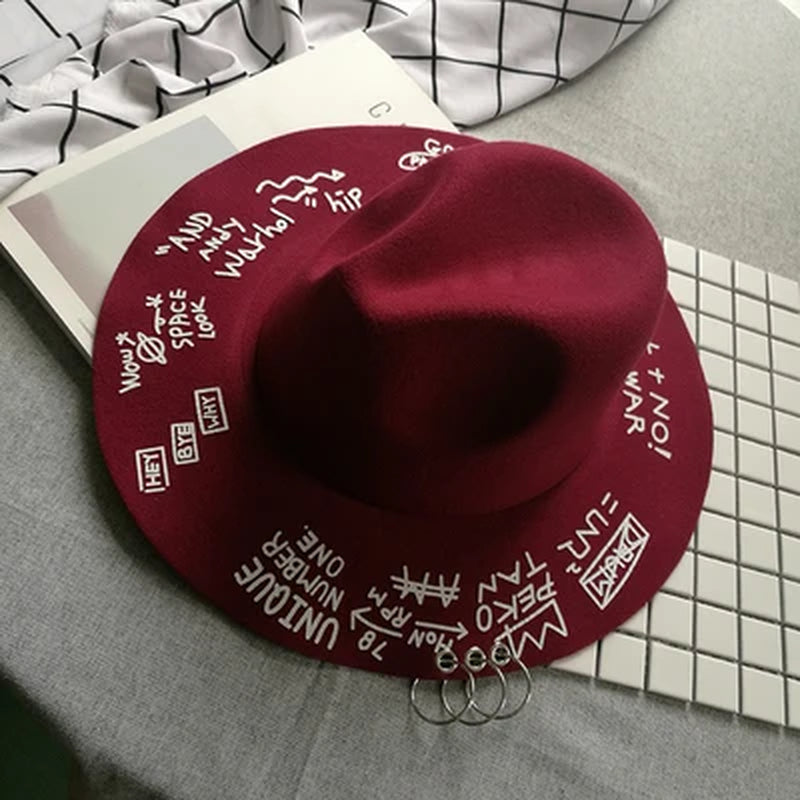 Fedora Hat Piercing Graffiti Letters Woolen Hat Korean Style Tide Men and Women Wide Brim Top Hat British Jazz Hat Hip Hop Winte