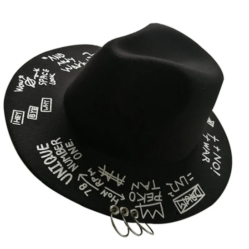 Fedora Hat Piercing Graffiti Letters Woolen Hat Korean Style Tide Men and Women Wide Brim Top Hat British Jazz Hat Hip Hop Winte