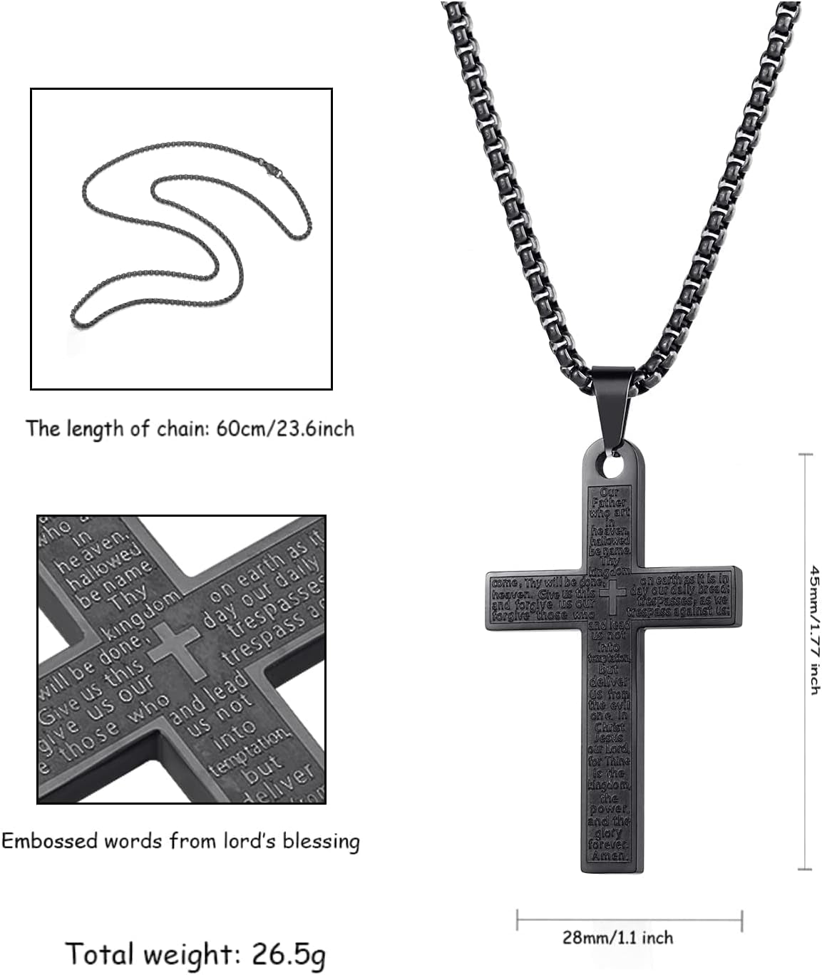 Cross Necklace for Men, Cool Mens Cross Necklaces, Stainless Steel Cross Chain for Men, Fashionable Cross Pendant Jewelry Gifts for Men Women Boys Girls 23 Inch(Black)