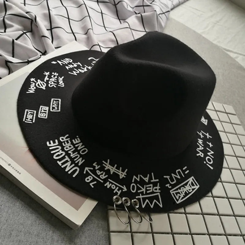 Fedora Hat Piercing Graffiti Letters Woolen Hat Korean Style Tide Men and Women Wide Brim Top Hat British Jazz Hat Hip Hop Winte