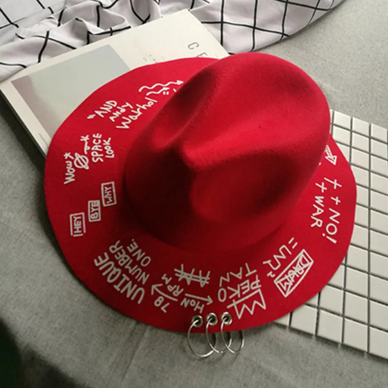 Fedora Hat Piercing Graffiti Letters Woolen Hat Korean Style Tide Men and Women Wide Brim Top Hat British Jazz Hat Hip Hop Winte