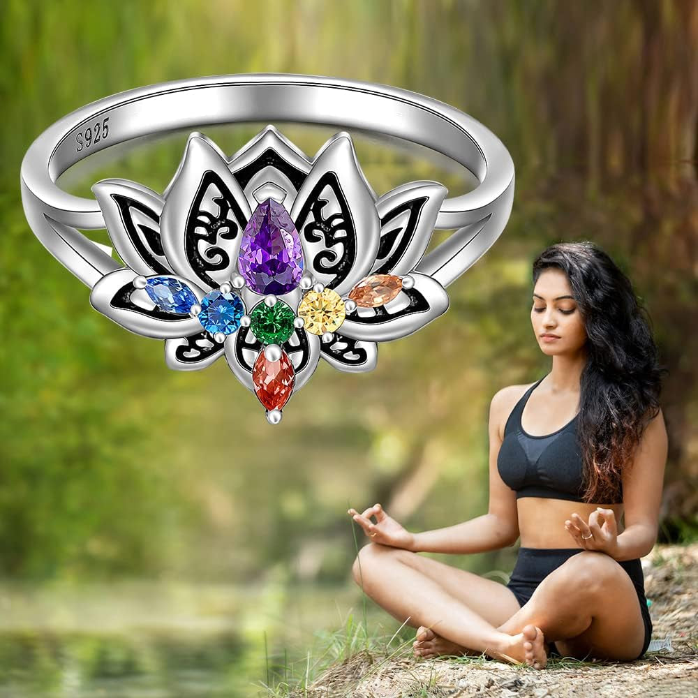 Chakra Ring Chakra Rings for Women Lotus Flower Rings 925 Sterling Silver Spiritual Healing Crystal Yoga Jewelry Gifts