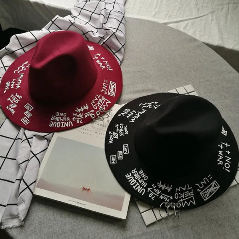 Fedora Hat Piercing Graffiti Letters Woolen Hat Korean Style Tide Men and Women Wide Brim Top Hat British Jazz Hat Hip Hop Winte