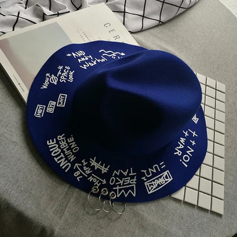 Fedora Hat Piercing Graffiti Letters Woolen Hat Korean Style Tide Men and Women Wide Brim Top Hat British Jazz Hat Hip Hop Winte