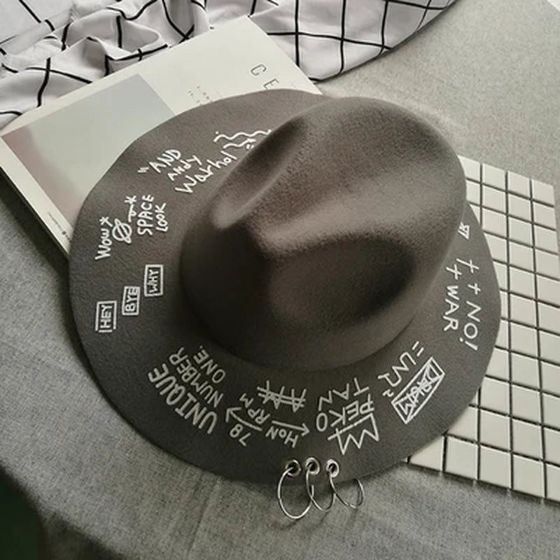 Fedora Hat Piercing Graffiti Letters Woolen Hat Korean Style Tide Men and Women Wide Brim Top Hat British Jazz Hat Hip Hop Winte