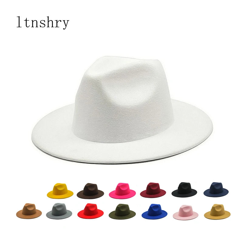 Autumn Winter Womens Felt Hat Fedoras Big Brim Hats for Women British Style Vintage Church Hats Lady Flat Brim White Jazz Cap