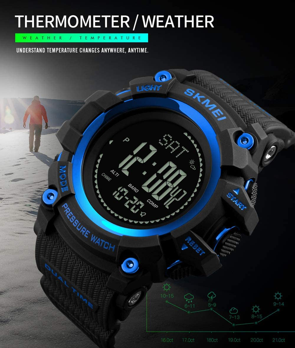 Big Face Mens Outdoor Sports Army Watches Pedometer Calories Digital Watch Altimeter Barometer Compass Thermometer Weather Men Watch (Blue)