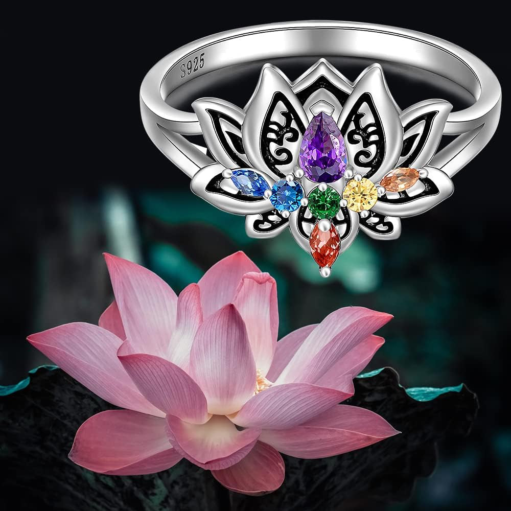 Chakra Ring Chakra Rings for Women Lotus Flower Rings 925 Sterling Silver Spiritual Healing Crystal Yoga Jewelry Gifts