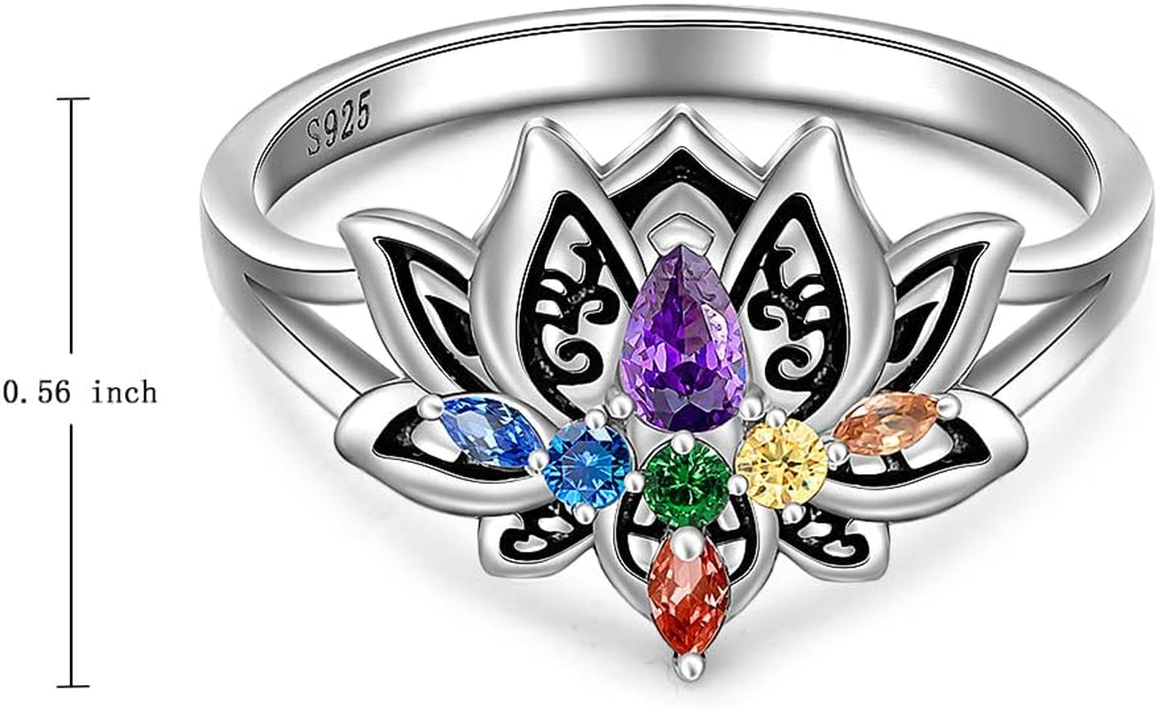 Chakra Ring Chakra Rings for Women Lotus Flower Rings 925 Sterling Silver Spiritual Healing Crystal Yoga Jewelry Gifts