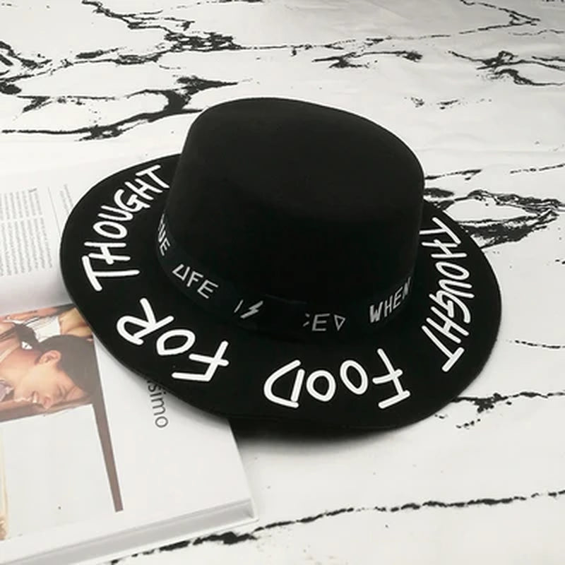 Fedora Hat Piercing Graffiti Letters Woolen Hat Korean Style Tide Men and Women Wide Brim Top Hat British Jazz Hat Hip Hop Winte