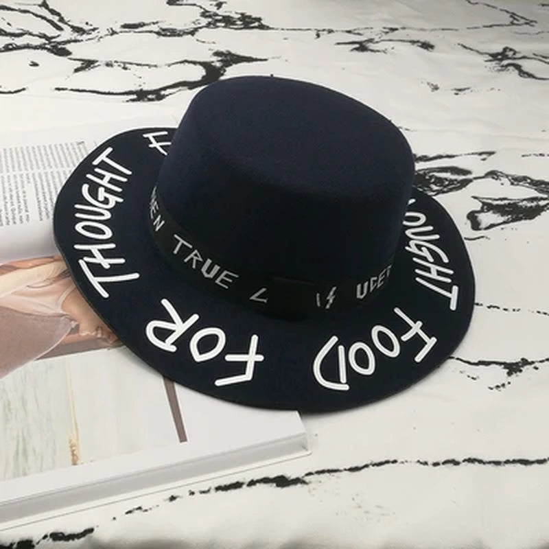 Fedora Hat Piercing Graffiti Letters Woolen Hat Korean Style Tide Men and Women Wide Brim Top Hat British Jazz Hat Hip Hop Winte