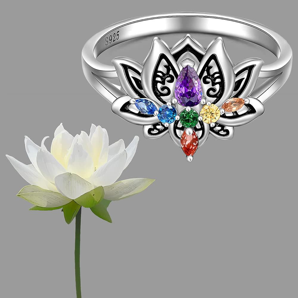 Chakra Ring Chakra Rings for Women Lotus Flower Rings 925 Sterling Silver Spiritual Healing Crystal Yoga Jewelry Gifts