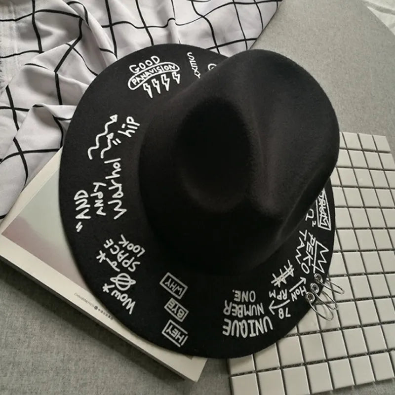 Fedora Hat Piercing Graffiti Letters Woolen Hat Korean Style Tide Men and Women Wide Brim Top Hat British Jazz Hat Hip Hop Winte