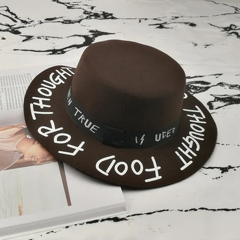 Fedora Hat Piercing Graffiti Letters Woolen Hat Korean Style Tide Men and Women Wide Brim Top Hat British Jazz Hat Hip Hop Winte