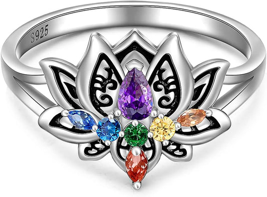 Chakra Ring Chakra Rings for Women Lotus Flower Rings 925 Sterling Silver Spiritual Healing Crystal Yoga Jewelry Gifts