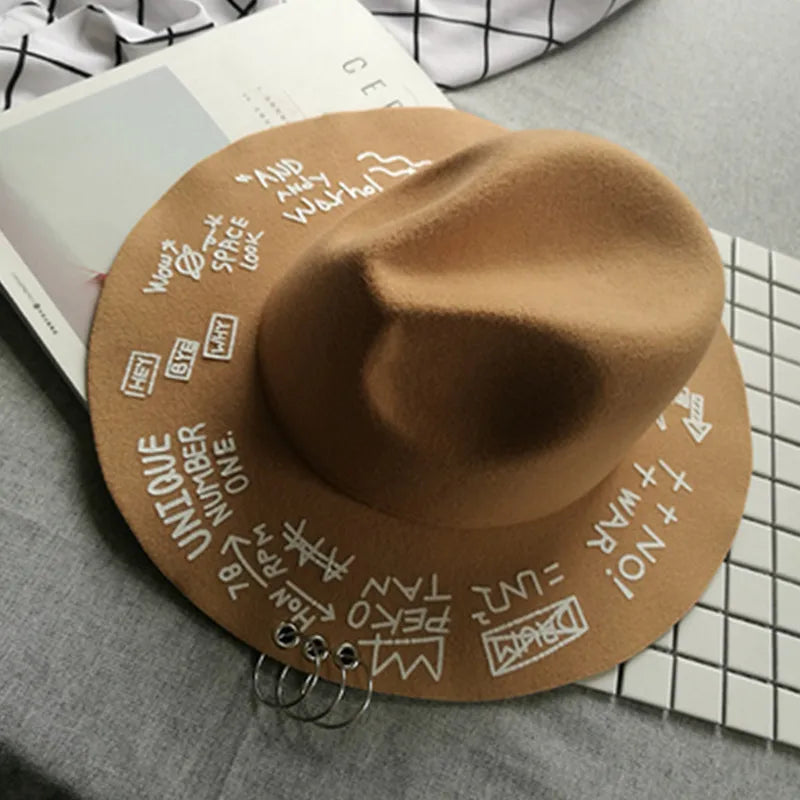 Fedora Hat Piercing Graffiti Letters Woolen Hat Korean Style Tide Men and Women Wide Brim Top Hat British Jazz Hat Hip Hop Winte