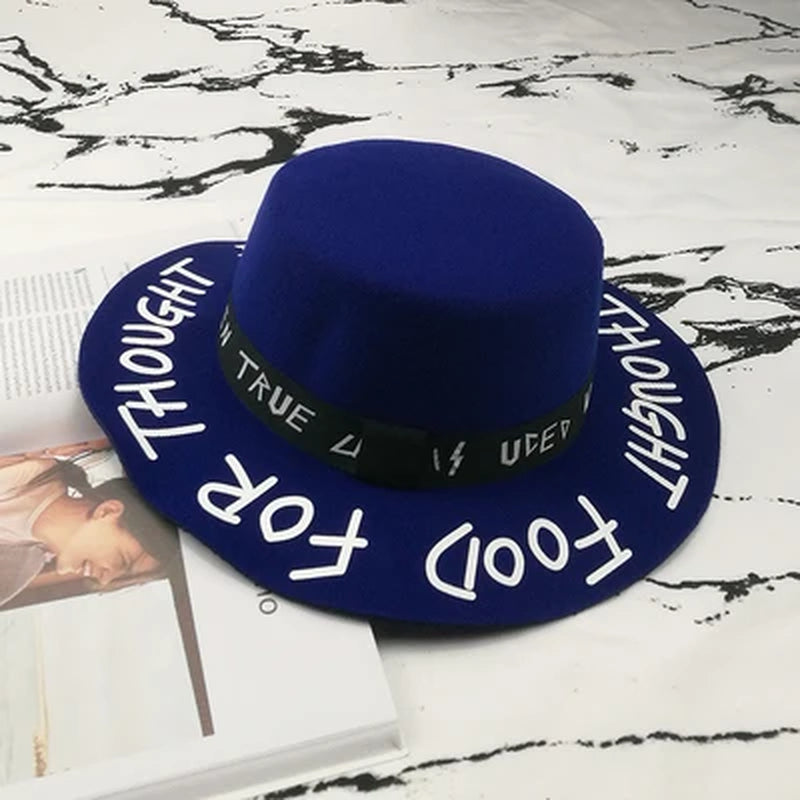 Fedora Hat Piercing Graffiti Letters Woolen Hat Korean Style Tide Men and Women Wide Brim Top Hat British Jazz Hat Hip Hop Winte